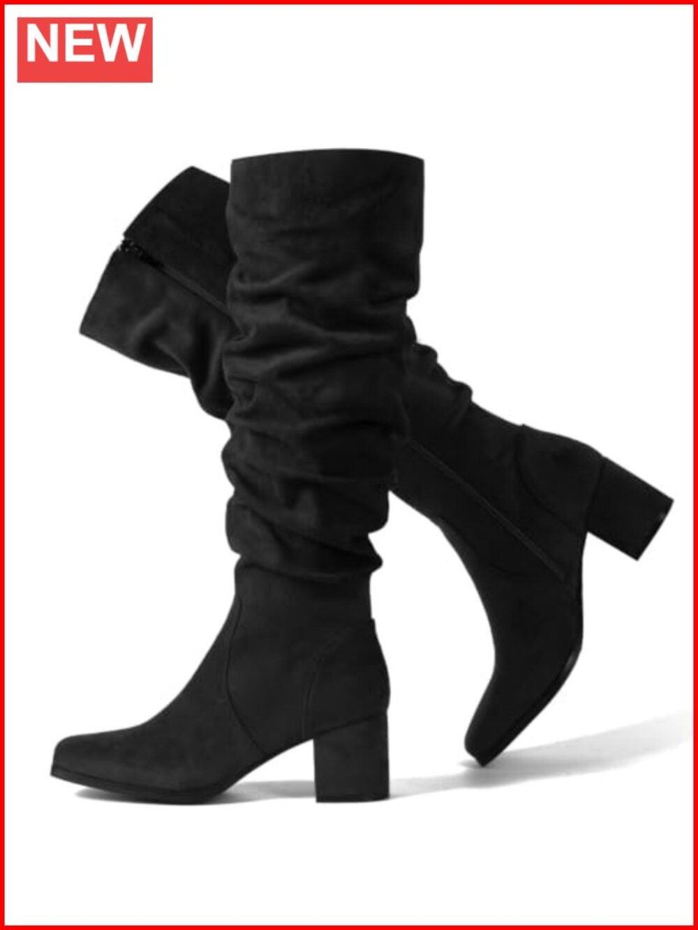 Faux Suede Slouchy Knee High Boots Square Toe Chunky Block Heel Fall